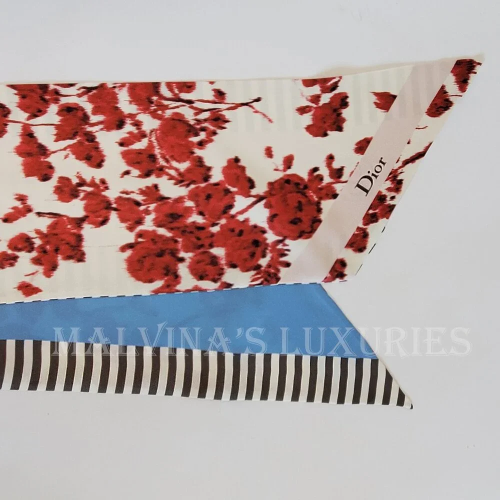 CHRISTIAN DIOR SCARF REVERSIBLE BIMOTIF FLORAL STRIPED LOGO SILK OBLIQUE 74